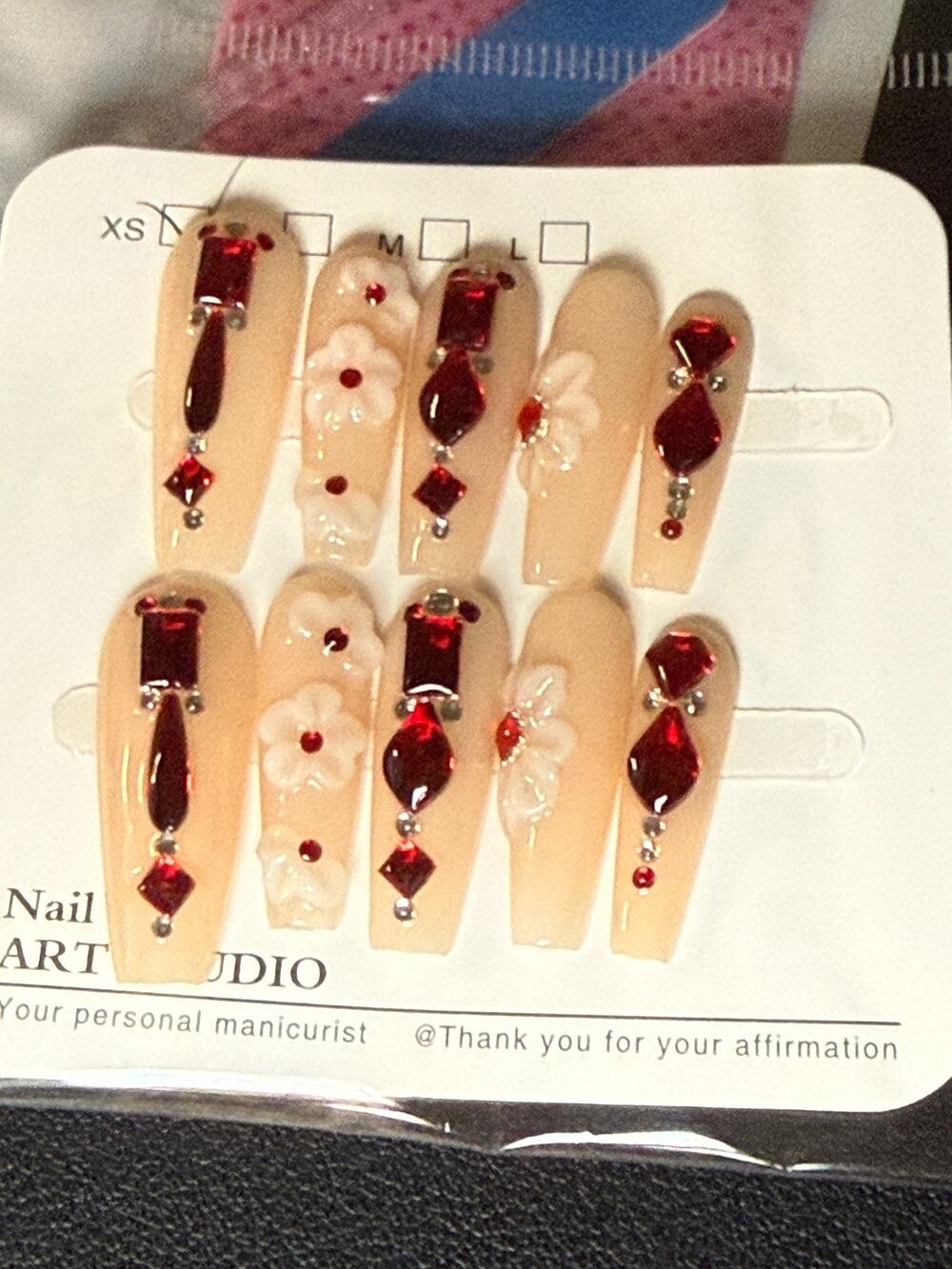 Press-On Nails Acrylic Long Coffin Stones Flowers Sparkle XS Shiny Handmade New